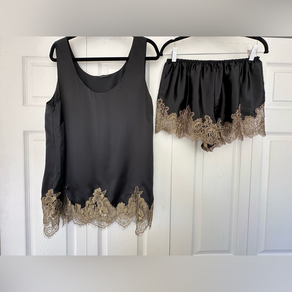 Rosamosario 100% Silk Satin Black Silk and Gold French Chantilly Lace Pajama Set